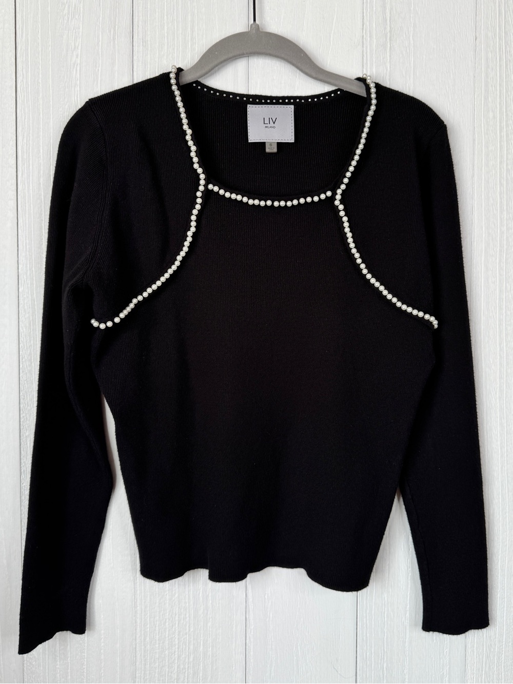 LIV Milano Black Faux Pearl-Trim Long Sleeve Sweater Top